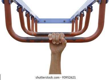 Man Hand Hanging On Monkey Bars Isolated On White Background