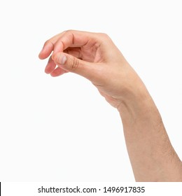 Man hand hanging something blank isolated on a white background