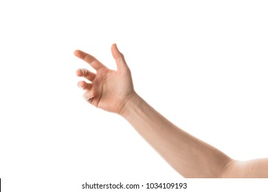 Man Hand Hold, Grab Or Catch Some Object, Hand Gesture. Isolated On White Background.