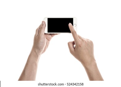 A Man Hand Hold A Mobile Smart Phone With Black Screen Isolated White.