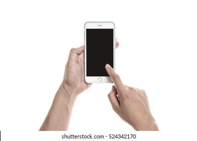 A Man Hand Hold A Mobile Smart Phone With Black Screen Isolated White.