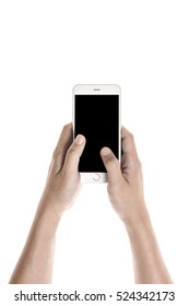 A Man Hand Hold A Mobile Smart Phone With Black Screen Isolated White.