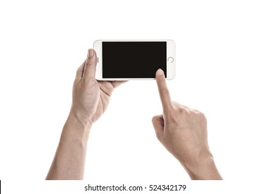 A Man Hand Hold A Mobile Smart Phone With Black Screen Isolated White.