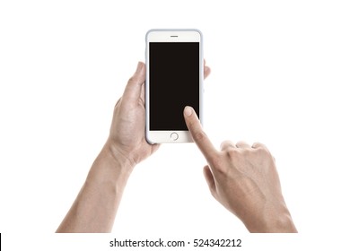 A Man Hand Hold A Mobile Smart Phone With Black Screen Isolated White.