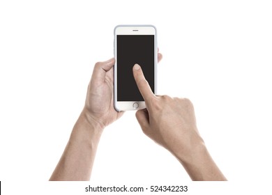 A Man Hand Hold A Mobile Smart Phone With Black Screen Isolated White.