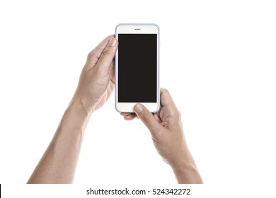 A Man Hand Hold A Mobile Smart Phone With Black Screen Isolated White.