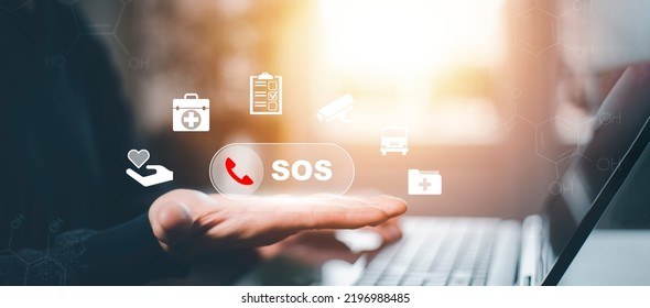 Man Hand Hold SOS Emergency App In Home, Call Phone, Chat Message Icon, Emergency Application From Smartphone For Elderly, Technology Concept.Old Hand Touch Mobile Phone And Call For Help.