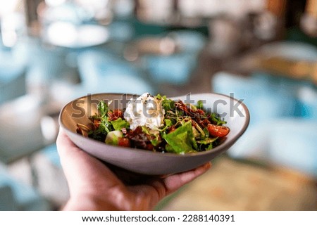 man hand hold Sun dried tomatoes Salad with fresh vegetables mix and cheese on plate