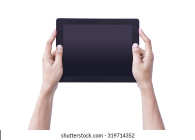 Man Hand Hold Tablet Blank Screen On Isolated Background Concept Using For Mockup Person Showing Reality Black Pad Up Business, Person Computer Technology, Female Web Shopping Online, B2c Consumer.