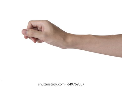 Man Hand Hold Virtual Object Like A Business Card, Credit Card Isolated With White Background