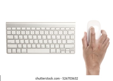 A Man Hand Hold A Wireless Mouse With Keyboard Isolated White.