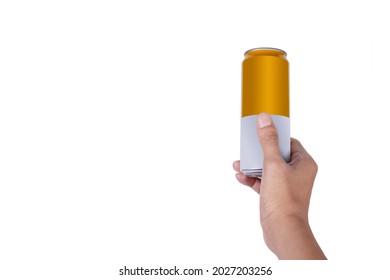 Man Hand Holding Aluminum Can Isolated On White Background.