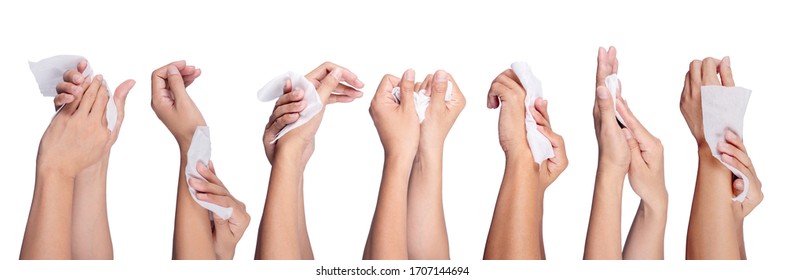 Man hand holding baby wet wipes isolated on white background.Concept is to wipe the hands clean.Set of Many steps to wipe hands.