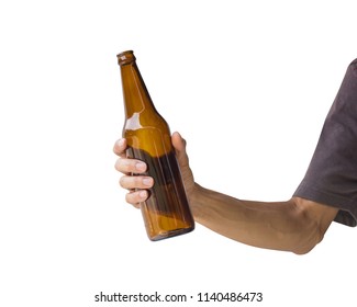 A Man Hand Holding Beer Bottle Isolated On White Background. Clipping Path Of Brown Glass Bottle On White Background.