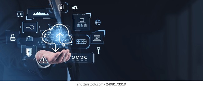 Man hand holding binary cloud with sync symbol, empty copy space background. Digital icons for data storage, files transfer and security. Concept of server, technology, backup and statistics