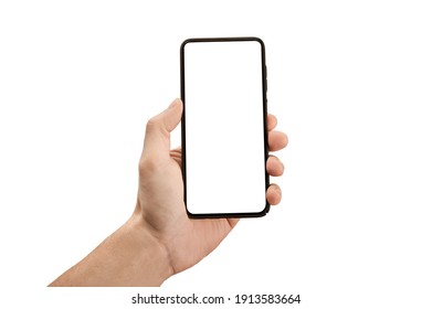 Man hand holding the black cell phone smartphone with blank white screen and modern frame less design - isolated on white background. Mockup phone. hand holding mobile phone - Shutterstock ID 1913583664