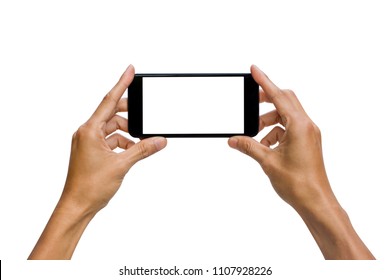 Man hand holding black horizontal smartphone with white screen for mock up design. isolated on white background. insert clipping path easy for use.