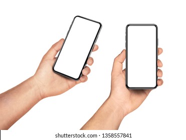 Man hand holding the black smartphone set with blank screen and modern frame less design - isolated on white background - Shutterstock ID 1358557841