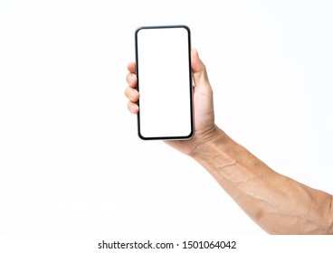 Man hand holding black smartphone isolated on white background, clipping path - Shutterstock ID 1501064042