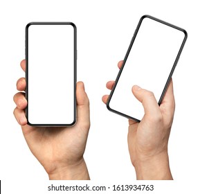 Man Hand Holding The Black Smartphone With Blank Screen And Modern Frameless Design - Two Versions Simple With Vertical Screen And Angled With Touching Screen With Finger - Isolated On White