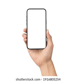 Man hand holding the black smartphone with blank screen isolated on white background with clipping path, Can use mock-up for your application or website design project. - Shutterstock ID 1916805254
