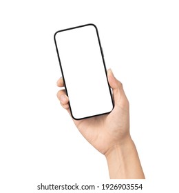 Man hand holding the black smartphone with blank screen isolated on white background with clipping path, Can use mock-up for your application or website design project. - Shutterstock ID 1926903554
