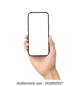 Man hand holding the black smartphone with blank screen isolated on white background with clipping path, Can use mock-up for your application or website design project. - Shutterstock ID 1926903557