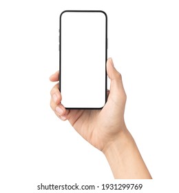 Man hand holding the black smartphone with blank screen isolated on white background with clipping path, Can use mock-up for your application or website design project. - Shutterstock ID 1931299769