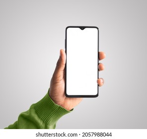 Man Hand Holding Black Smartphone Isolated On White Background, Clipping Path