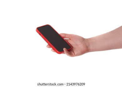 Man hand holding black smartphone isolated on white background, clipping path - Shutterstock ID 2143976209