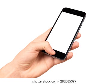 Man Hand Holding The Black Smartphone With Blank Screen, Isolated On White Background.