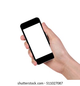 Man Hand Holding The Black Smartphone Isolated On White Background. Clipping Path.