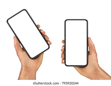 Man hand holding the black smartphone with blank screen and modern frame less design - isolated on white background - Shutterstock ID 793920244