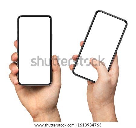 Man hand holding the black smartphone with blank screen and modern frameless design - two versions simple with vertical screen and angled with touching screen with finger - isolated on white