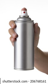 Man Hand Holding A Blank Aluminum Spray Paint Bottle Can Isolated On White Background, Young Male Hand Spraying An Metal Aerosol Can