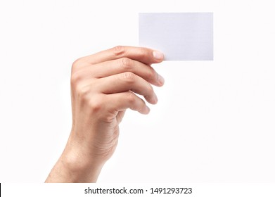 Man Hand Holding A Blank Card Isolated On A White Background