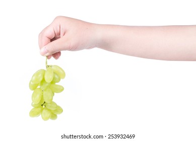 Man Hand Holding A Bunch Of Green Grapes, Isolated On White Background.