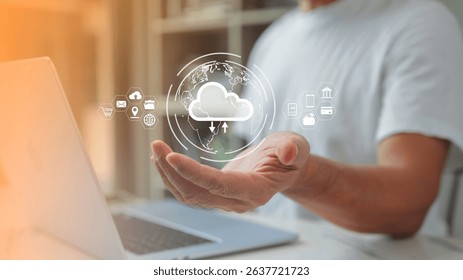 Man hand holding cloud icon and virtual globe, concept of big data storage on global cloud storage.