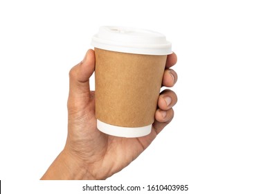 man hand holding a Coffee paper cup isolated on white background.