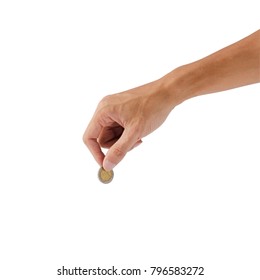 Man Hand Holding Coin Isolated On White Background With Clipping Path.