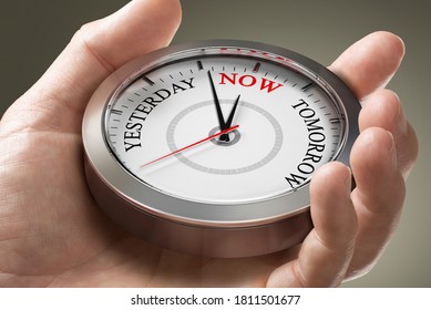 Man Hand Holding A Conceptual Clock With The Words Yesterday, Now And Tomorrow. Concept Of Time Management Or Living In The Present Moment. Composite Image Between A Photography And A 3D Background.