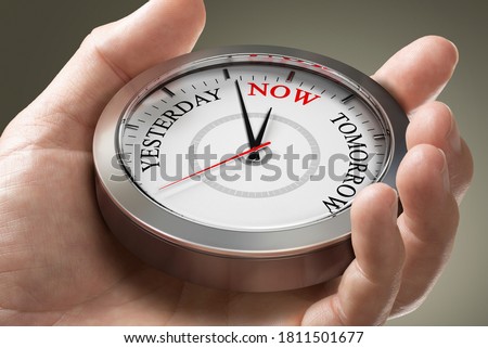 Man hand holding a conceptual clock with the words yesterday, now and tomorrow. Concept of time management or living in the present moment. Composite image between a photography and a 3D background.
