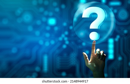Man hand holding digital question mark holographic. Abstract Technology background. Q and A discussion. FAQ, Support, Question and Answer. Help service business Concept. - Shutterstock ID 2148944917