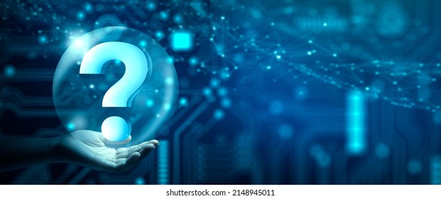 Man hand holding digital question mark holographic. Abstract Technology background. Q and A discussion. FAQ, Support, Question and Answer. Help service business Concept.