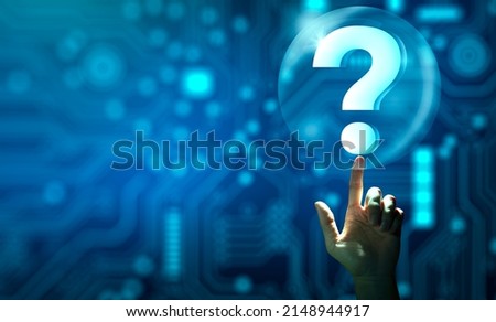 Man hand holding digital question mark holographic. Abstract Technology background. Q and A discussion. FAQ, Support, Question and Answer. Help service business Concept.