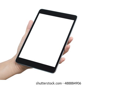 Man Hand Holding Digital Tablet Computer Isolated Over White Background.