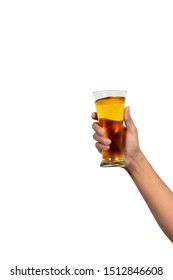 Man Hand Holding  A Glass Of Beer Isolated On White Background.