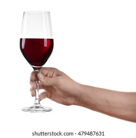 Man Hand Holding Glass Of Red Wine On White Background