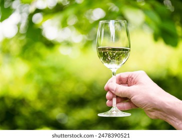 Man hand holding a glass of white wine in a garden at sunset. Alcoholic drinks. White wine in a glass. Warm evenings. Drinking wine in nature. - Powered by Shutterstock