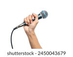 Man hand holding green dynamic microphone isolated on white background.